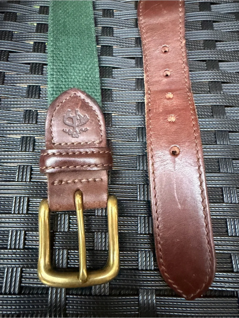 Vintage Rare Brooks Brothers Green Canvas Leather Belt Solid Brass Buckle 42”